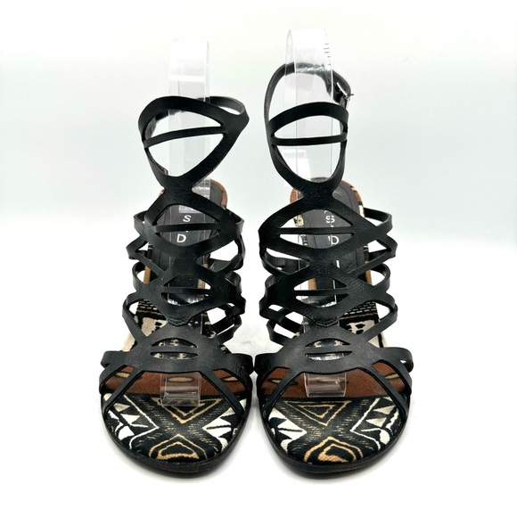 CASADEI BLACK LETTER STRAPPY SANDALS ANKLE BROWN NEUTRAL HEELS TRIBAL SANDALS 7 - Picture 5 of 15